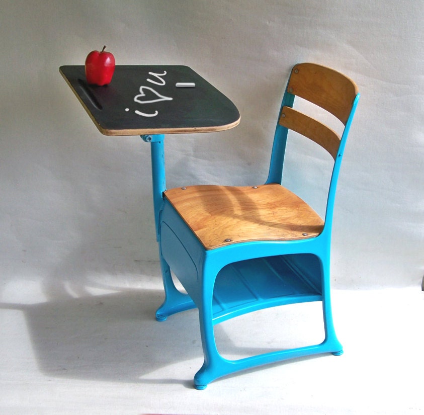 Mid-Century School Desk - Upcyled with Chalk Board Desktop & Bright Turquoise Blue