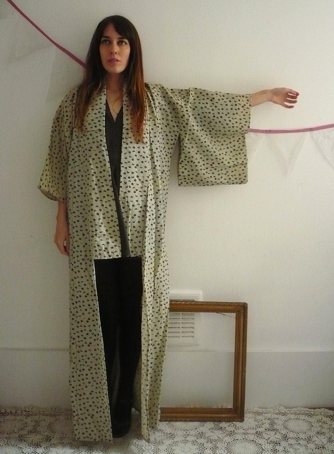 Vintage Japanease Full Length Butterfly & Floral Kimono Duster Jacket