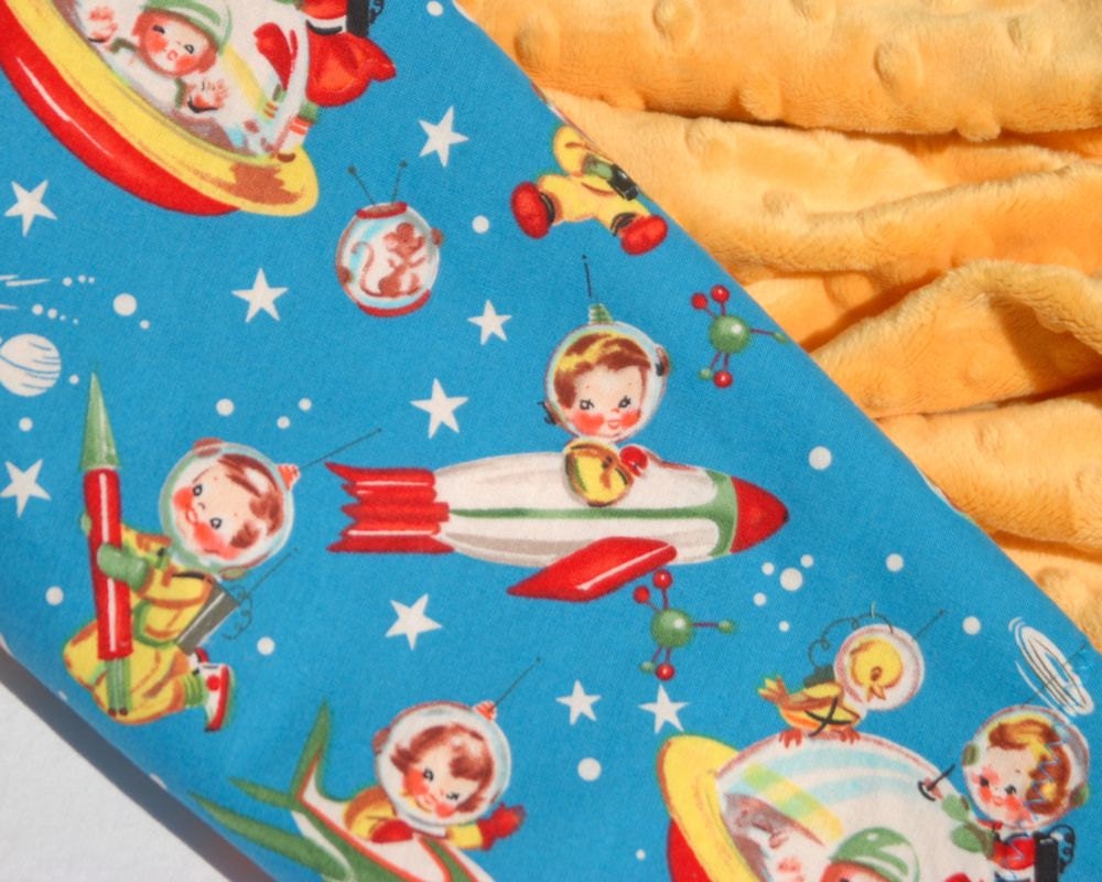 Baby Boy Minky Blanket - Michael Miller's Retro Rocket Rascals with Mango Yellow Minky - Personalization Available