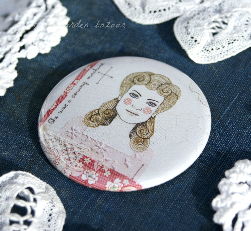 Pocket mirror - She was a sewing machine,Embroidered Art,illustration,girl