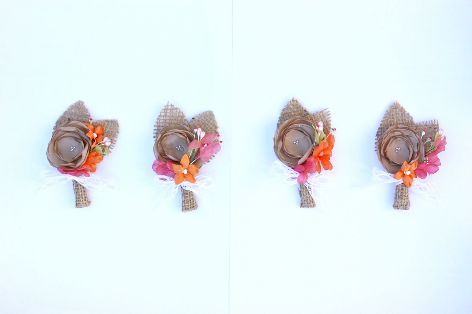 Burlap Boutonniere with Vintage Coral Orange Flowers and Vintage Lace Bow (boutineer, buttonhole) set of 4