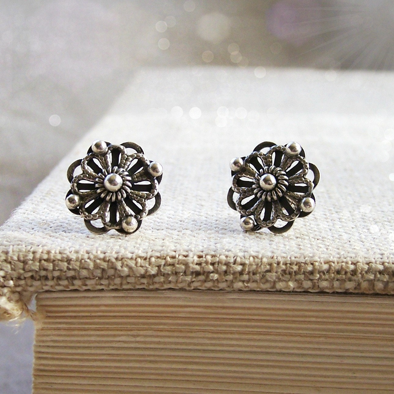 Flower earring studs, oxidized sterling silver post earrings, filigree jewelry, dark silver earrings, open-work earrings