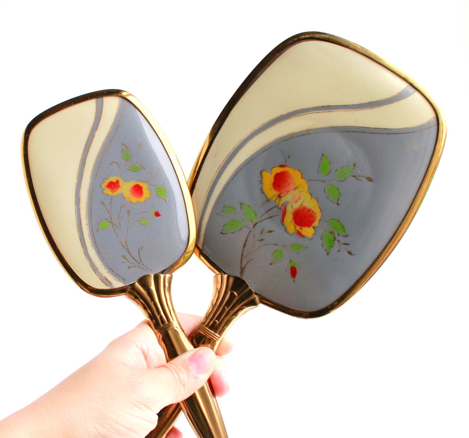 Vintage Vanity Set - Gold Tone Hair Brush & Hand Mirror Circa 1950 / Floral Enamel Set