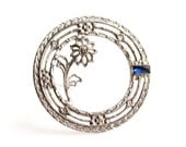 Antique Art Deco Sterling Silver Wreath Brooch -  Vintage Floral Filigree Jewelry Pin / Sapphire Blue Accent