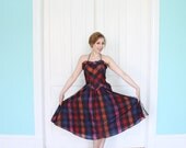 Dress 80s Vintage 1980s does 50s Rockabilly Halter Full  Skirt  Plaid Lace  S M
