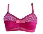JUNE Neon Pink floral embroidery and satin Bra, Vintage Lingerie - free shipping