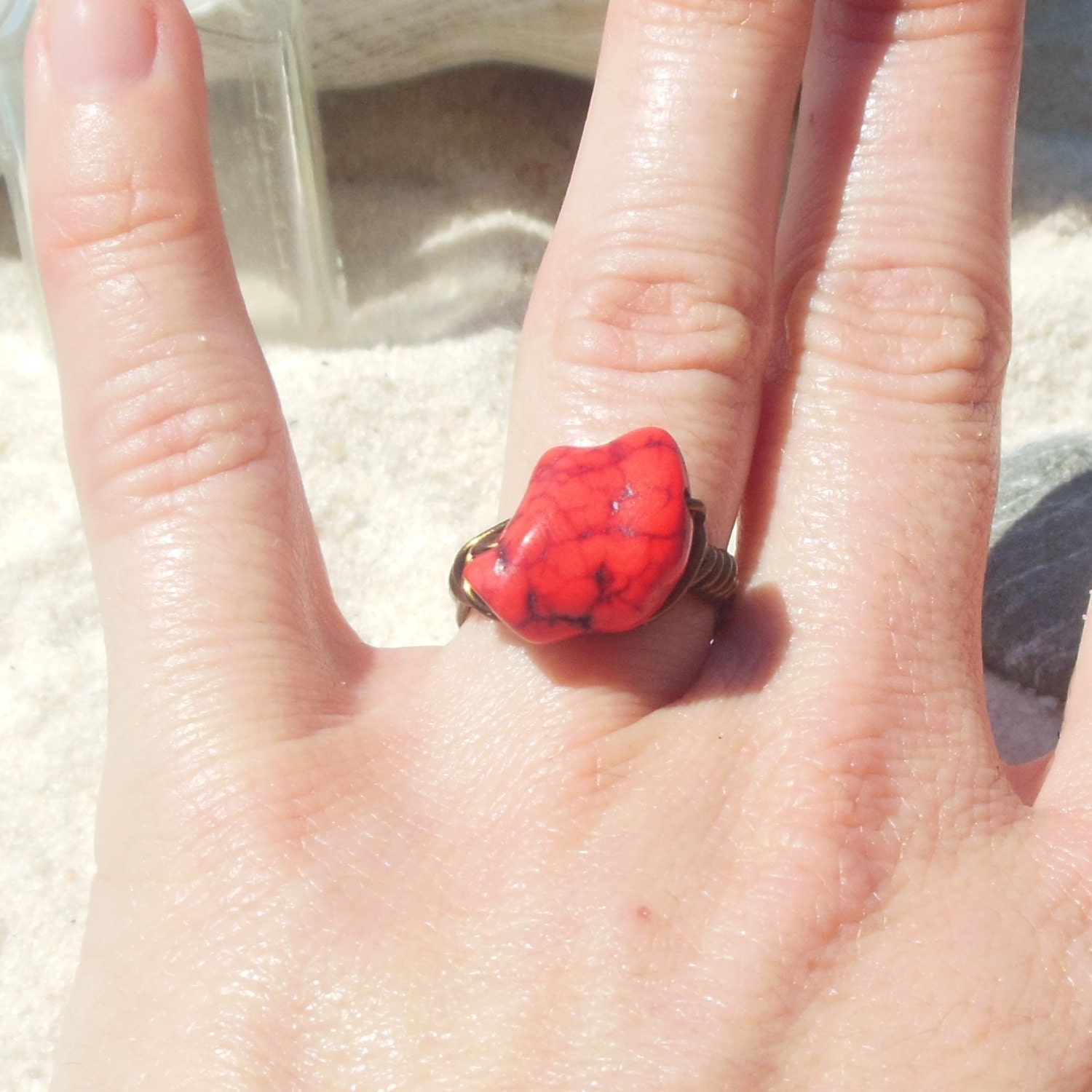 red rustic howlite stone wire wrapped ring - size 7 1/4 - 7 1/2