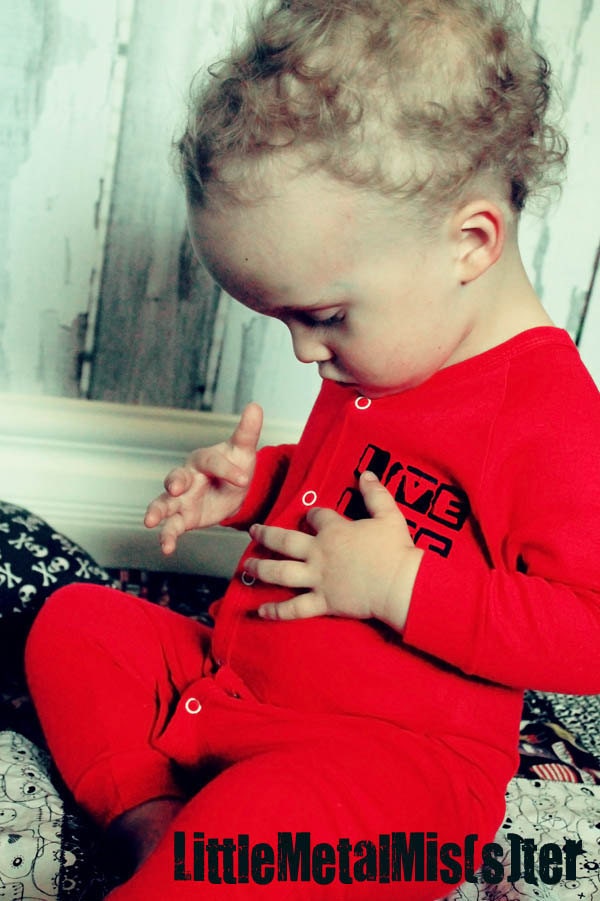 Live Love Punk - Red Baby Union Suit. Alternative / Heavy Metal / Punk Rocker one piece unisex / gender neutral romper in size 6 months