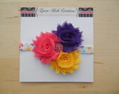 Shabby Chic Triple Rose Headband - Hot Pink/Grape/Yellow - Baby Headband - Newborn Headband - Childrens Headband - Flower Headband