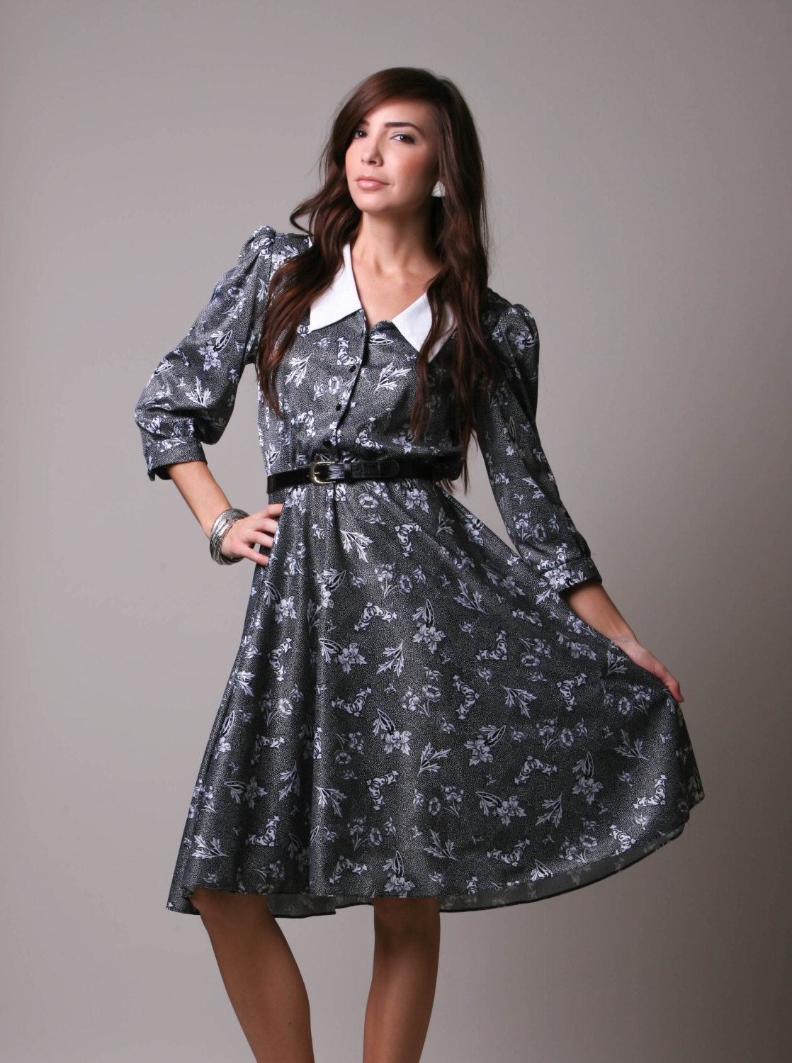 80s Black and White Dress - Vintage High Waisted Dress - School Girl Dress - M L