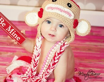 Crochet Valentine Sock  Monkey Hat  Newborn to Toddler sizing  Photography prop