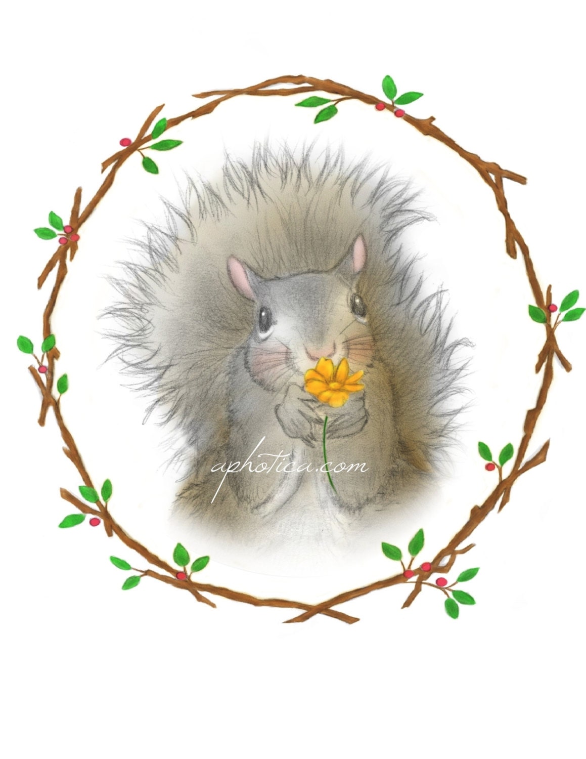 squirrel holding a flower original art card