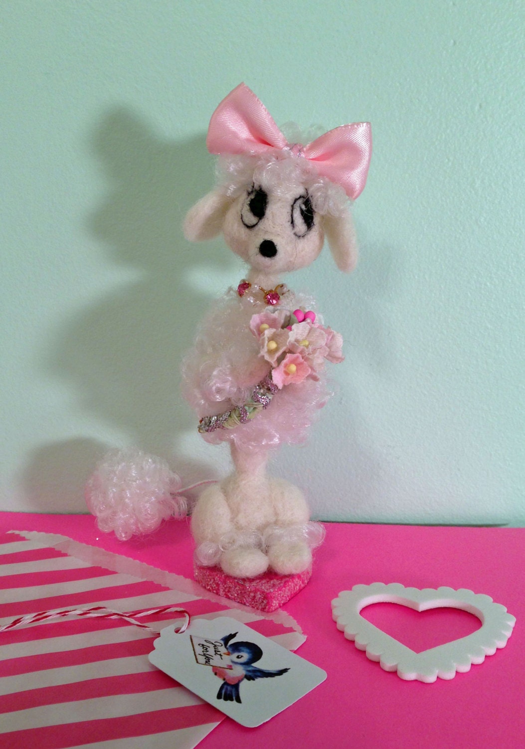 Felted Poodle with Big Pink Bow and Flowers