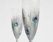 Wedding Glasses Silver Peacock Feathers Design Champagne Flutes Hand Painted Set of 2