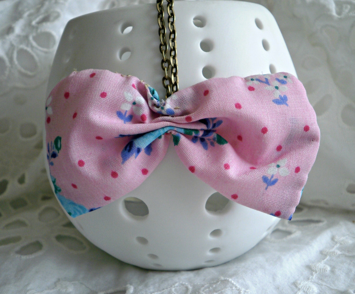 Bow necklace Bow tie necklace - floral pink fabric bow pendant with chain Graduation gift