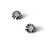 Black and White minimal spiral post earrings with striped border- everyday jewelry