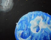 Glow in the Dark Earth & Moon, Acrylic Black Painting Original 12 x 12 Signed