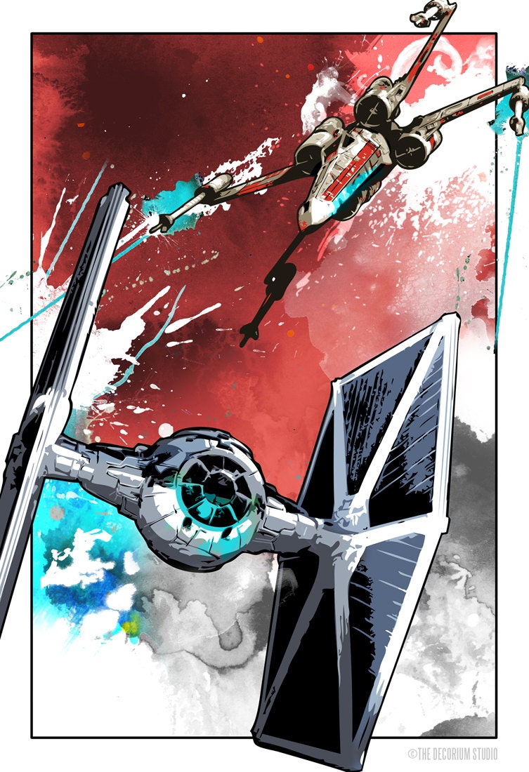 Star Wars X-Wing and Tie fighter fan art illustration - Art print size 13x19