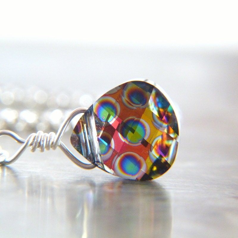 Peacock Swarovski Crystal Wire Wrapped in Silver Filled Wire Pendant Necklace