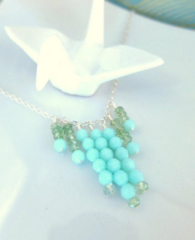 Mint green fringe sterling silver necklace, green abstract silver necklace, green boho chic necklace
