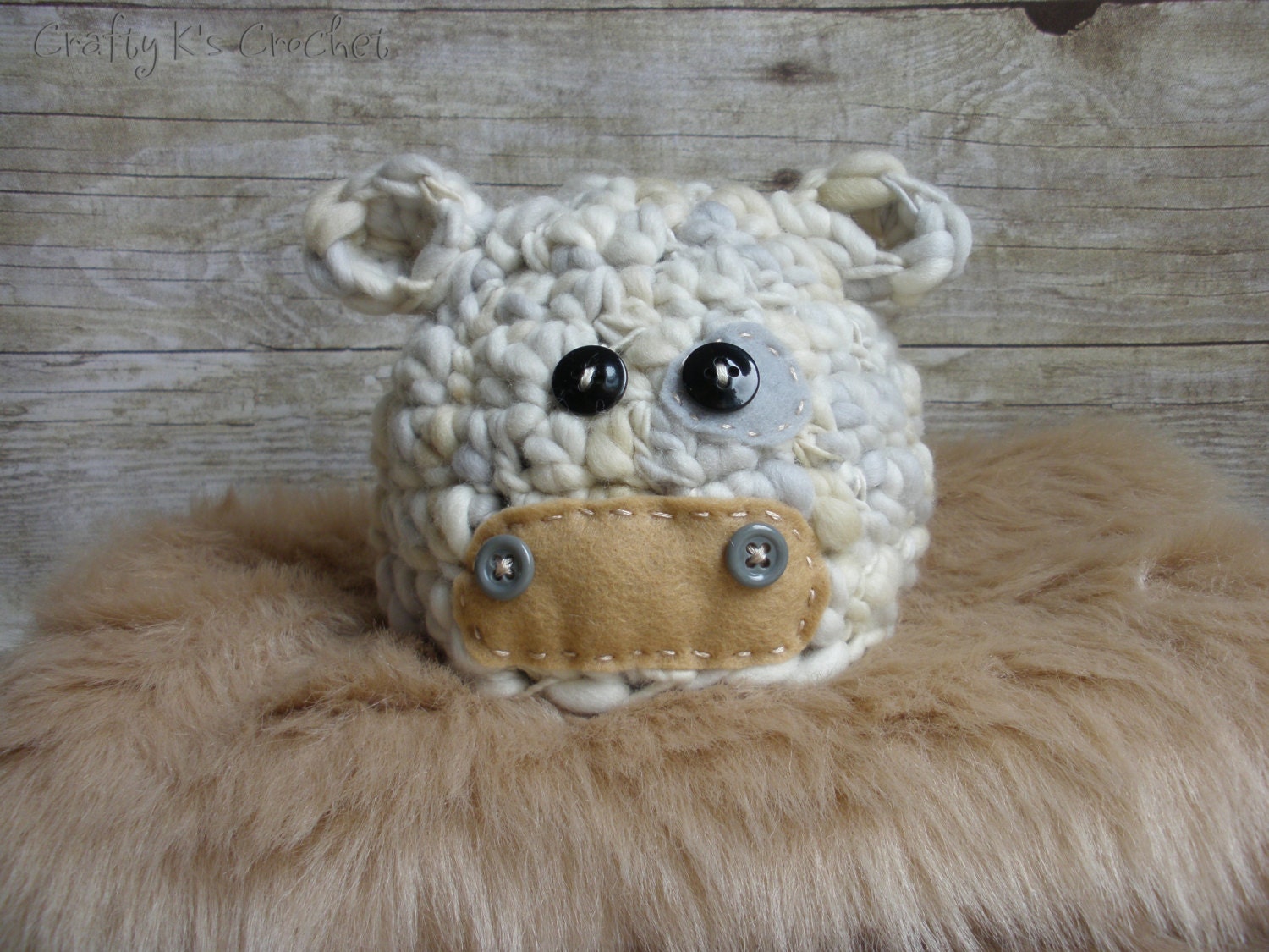 Newborn Baby Boy Cow Hat Photo Prop - Gray, Wheat, and Cream Neutrals with Matching Faux Fur Basket Filler READY TO SHIP