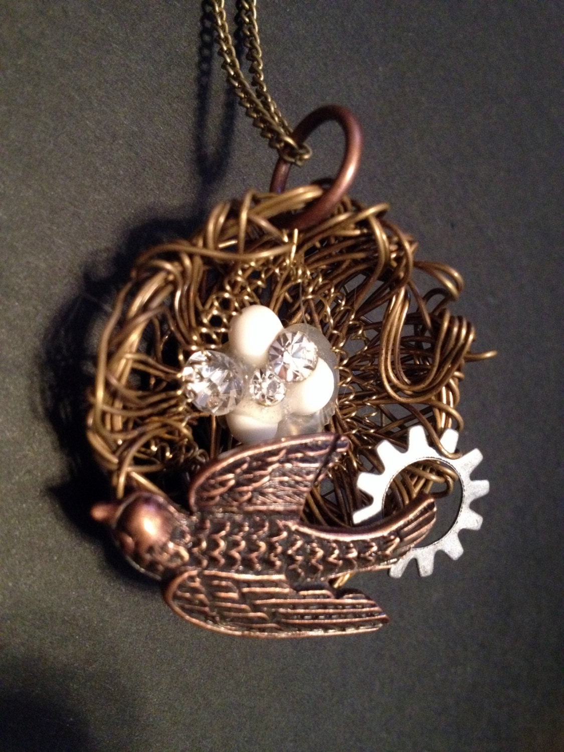 Bird in Nest with Gear Steampunk Necklace