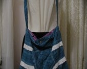 Upcycled Fabric Bag, slouchy blue plaid, handmade ooak, thick purple lining fabric
