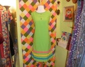 60s Bright Lime Green Fringe Stripe Shift Dress