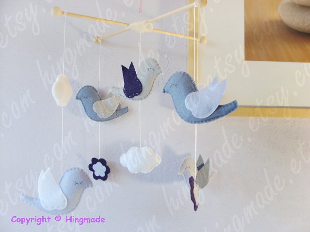 Baby Crib Mobile - Bird Mobile - Baby Shower Decor - Felt Mobile - Grayish Blue Purple Gray White Birds Theme(You can Choose your colors)