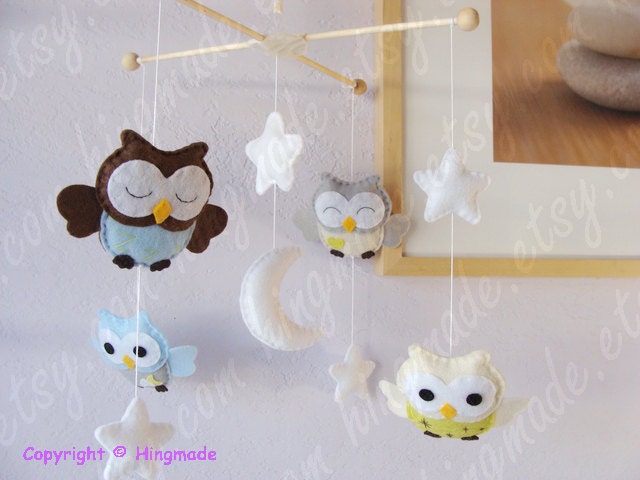 Baby Mobile - Owl Mobile - Nursery Mobile - Baby Decor - Brown Blue Gray Light Green Soft theme (You can Choose your colors)