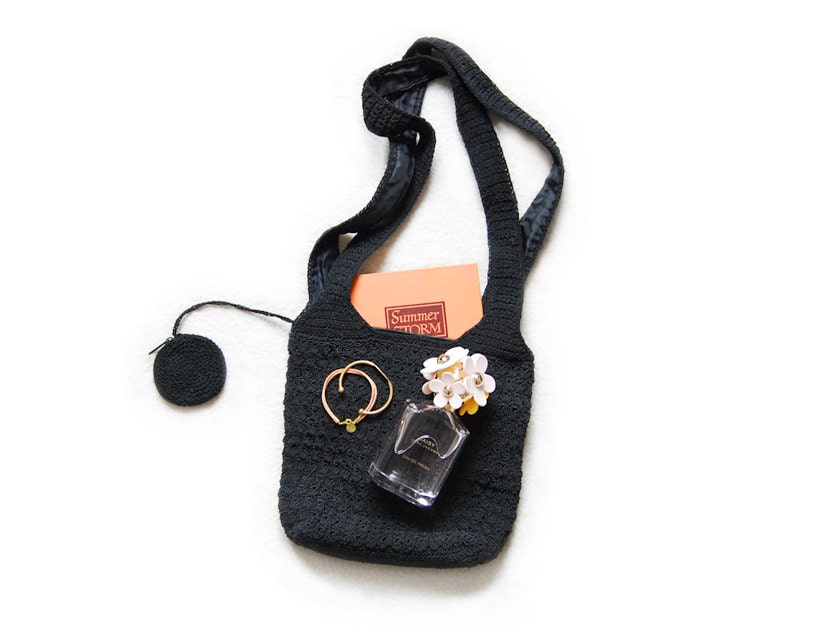 Vintage Crochet Woven Black Market Tote / Hobo Bag with Cute Coin Purse