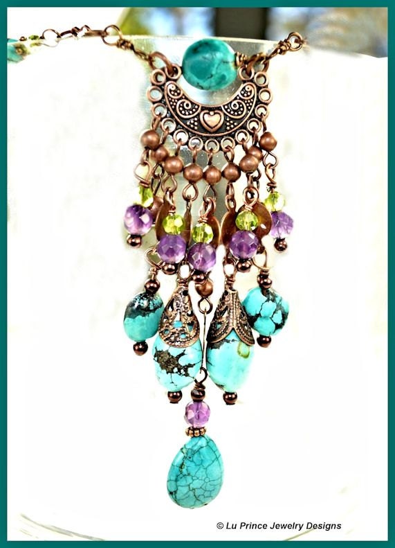 Long Tassel Style Bohemian Necklace Featuring Turquoise, Amethyst and Citrine Gemstones