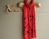Scarlet Red Knit Jersey Scarf with Mocking Birds
