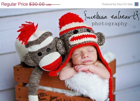 Sale 20% off now Sock Monkey Baby  Hat With Pom Pom Great Photography Prop many Sizes