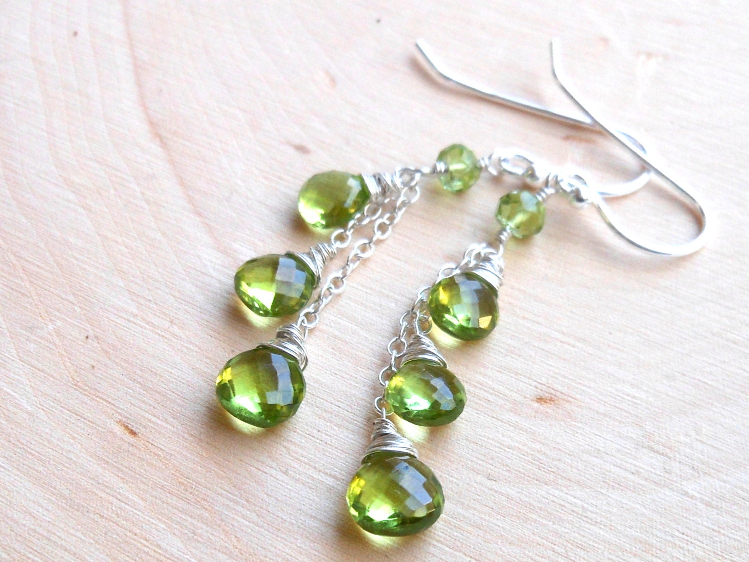Peridot Earrings Sterling Silver Green Dangling Cascade - Petite apple green stone earrings