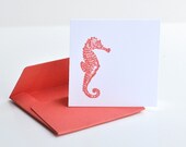 Seahorse Hand Stamped 2" x 2" Mini Note Cards Set of 8 in Coral with Matching Envelopes