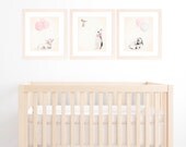 Baby Girl Nursery Decor, Set of 3 8x10 Art Prints, Light Pink Shabby Chic Decor Wall art, Animal Watercolour Illustrations