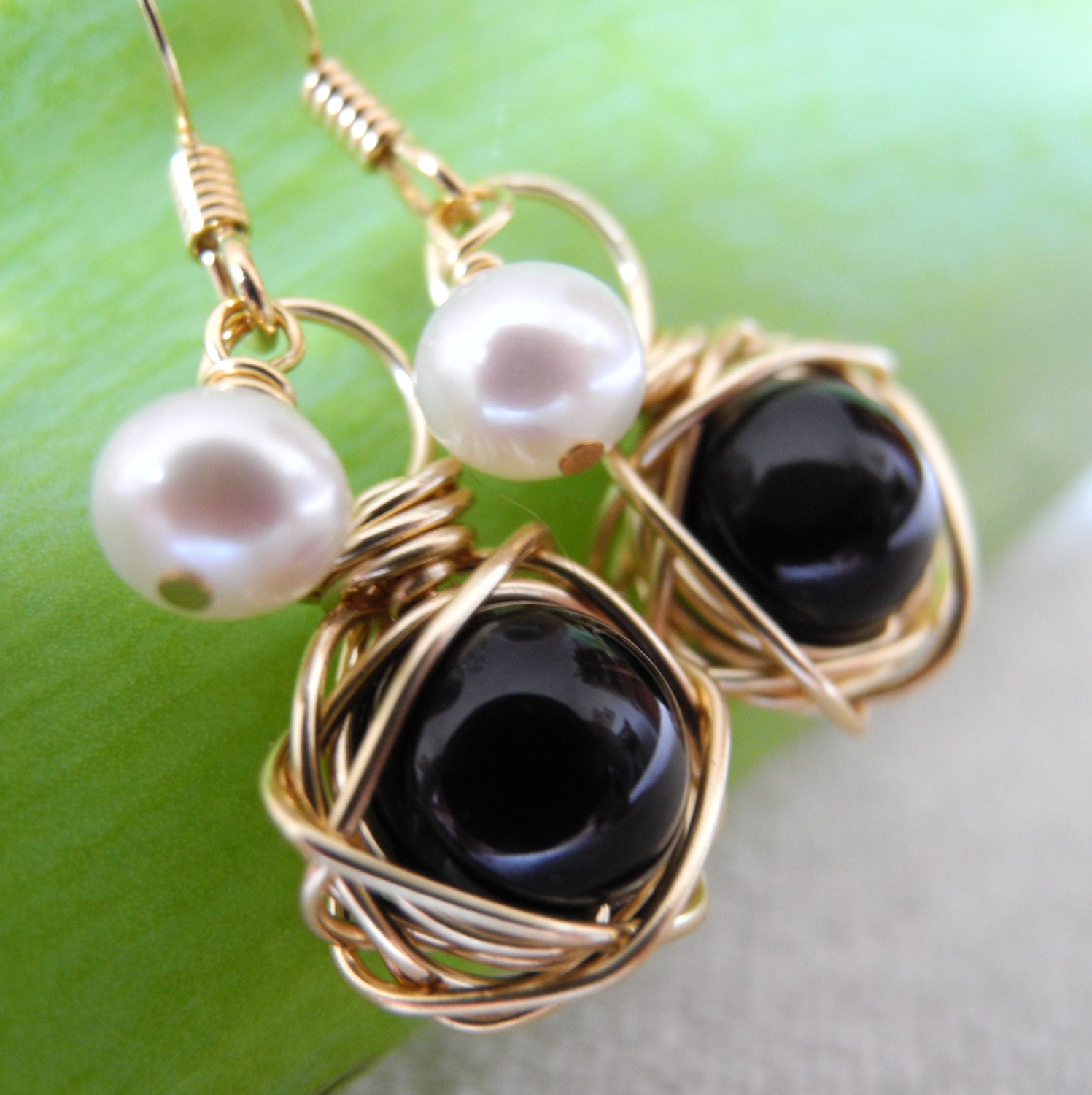 Onyx and Gold Bird Nest Earrings with Cultured Freshwater Pearls, Gold Finished Surgical Steel Earring Hooks