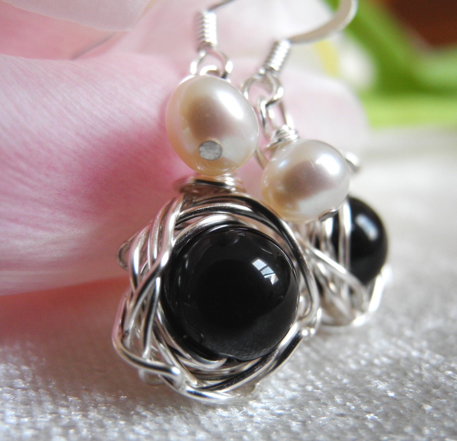 Onyx Bird Nest Earrings with Cultured Freshwater Pearls, Silver Finished Surgical Steel and Brass Earring Hooks
