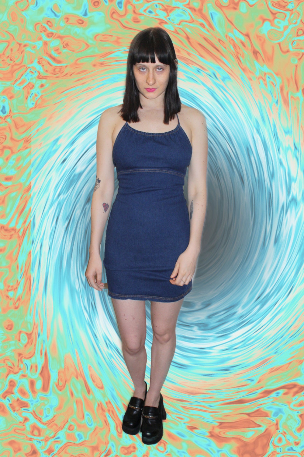 vintage 90s womens blue denim halter mini dress size S