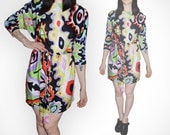 vintage 90s women's trippy psychedelic colorful print silk dress size M