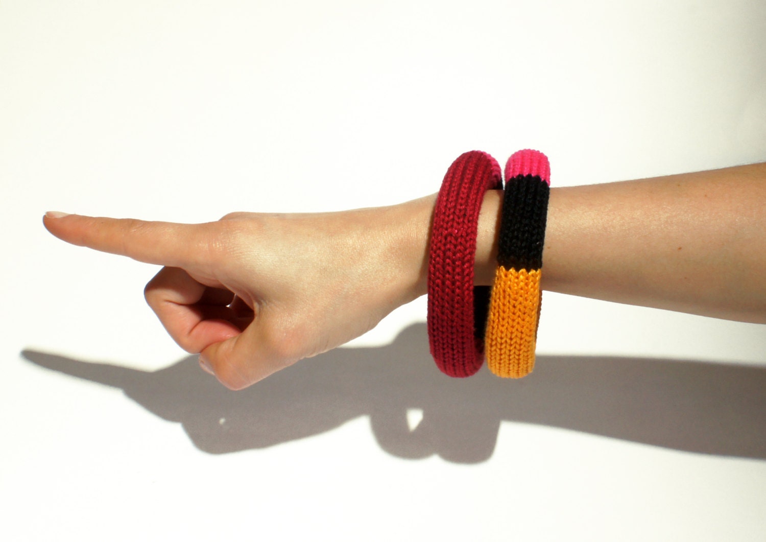 Soft hand knit bangles - cotton bracelets - set of two - donuts tastes of lemon, liquorice, strawberry and cherry