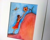 ART Painting ORIGINAL Whimsical Wall Art Girl Bright Flower Girl Watercolor Paper Signed by Artist Selina Farmer