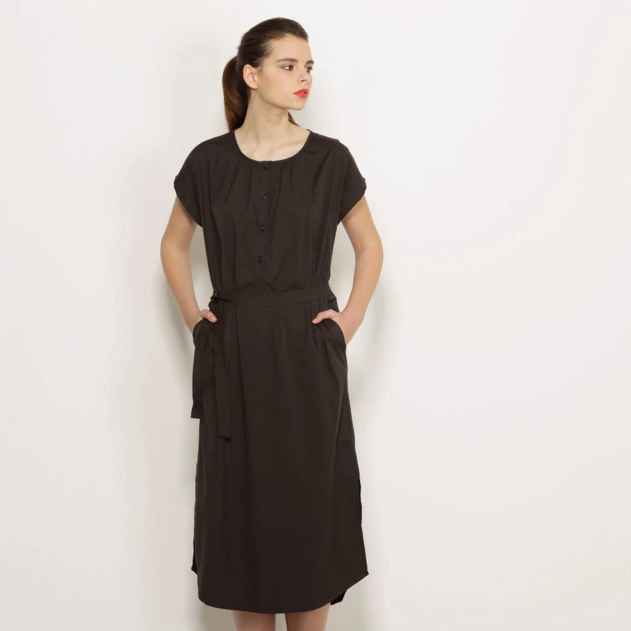 Black maxi dress, women's buttoned dress dark grey long dress round neck, short sleeves