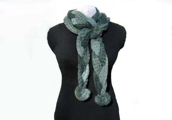 Hand Knit Braided Scarf Cables Green Mohair Blend Seafoam Green