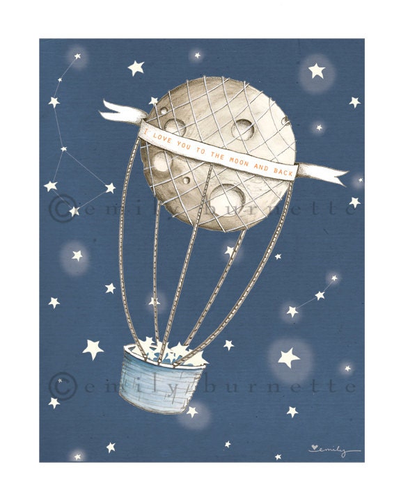 5x7 Print - I love you to the moon and back - hot air balloon - Childrens wall art print - Girls boys bedroom- Emily Burnette Recipe 4 Cute