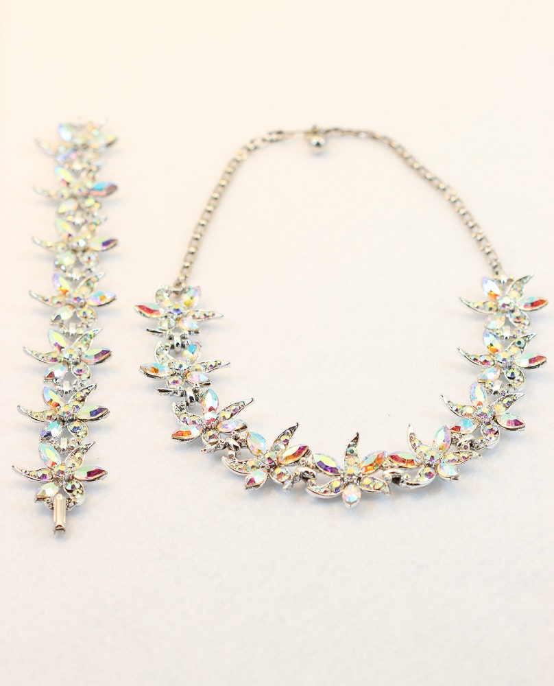 AB Rhinestone Necklace and Bracelet Set - Bridal Jewelry - 4219