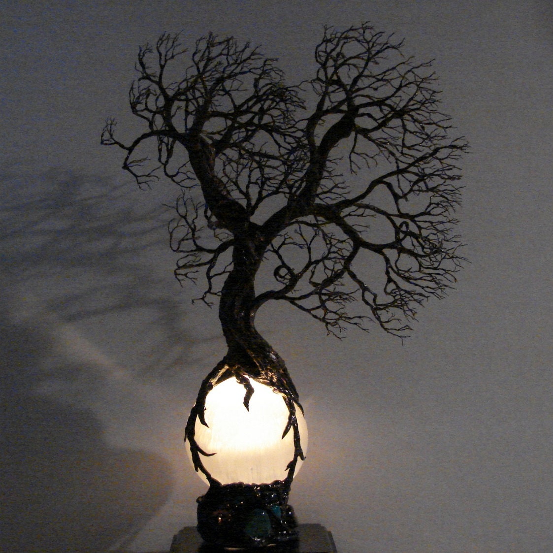 Full Moon Rising Wire Tree Of Life WIND Spirits sculpture on White Selenite Sphere Gemstone Wood base Lamp, Weddings, Anniversary