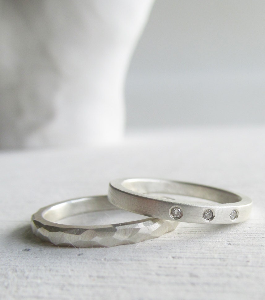 sterling silver modern engagement ring - wedding band set -  sterling silver white diamond uniqe wedding ring - recycled and conflict free