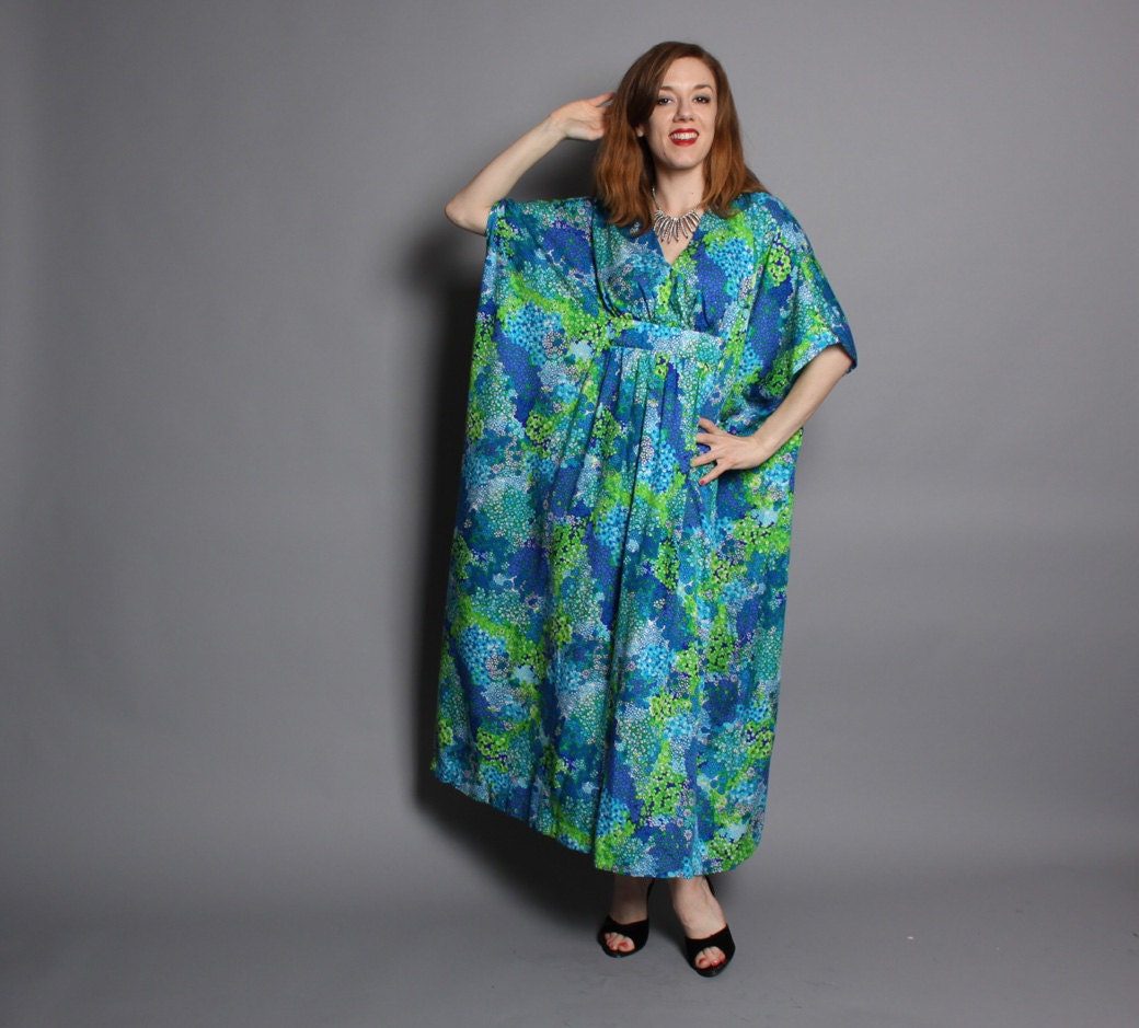 60s Tropical CAFTAN DRESS / Blue, Teal & Green Floral Hostess Gown, m